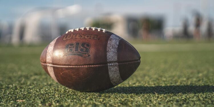 Close-up of a Wilson football on green grass in an outdoor sports setting, perfect for sports-themed visuals.