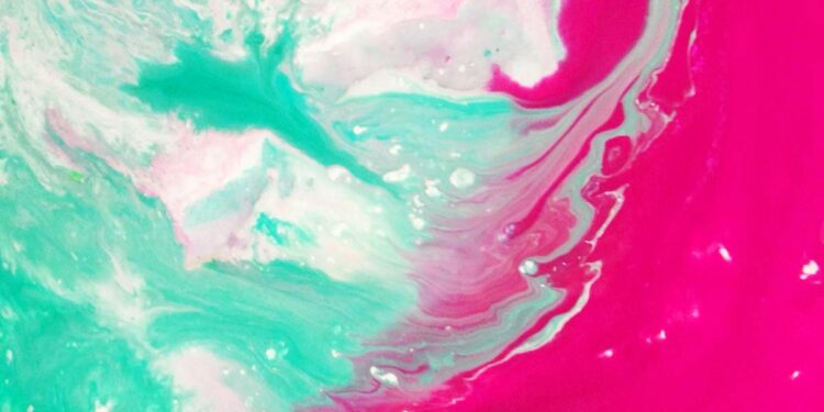 Dynamic abstract painting with vibrant pink and teal swirls creating a modern artistic expression.