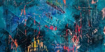 Dynamic blue abstract painting with expressive brushstrokes in acrylic on canvas.