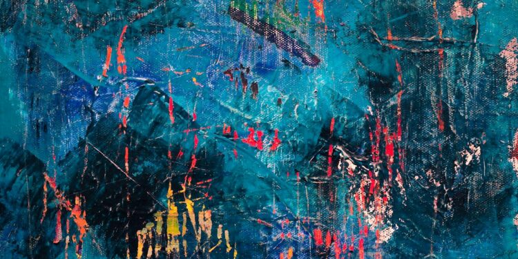 Dynamic blue abstract painting with expressive brushstrokes in acrylic on canvas.