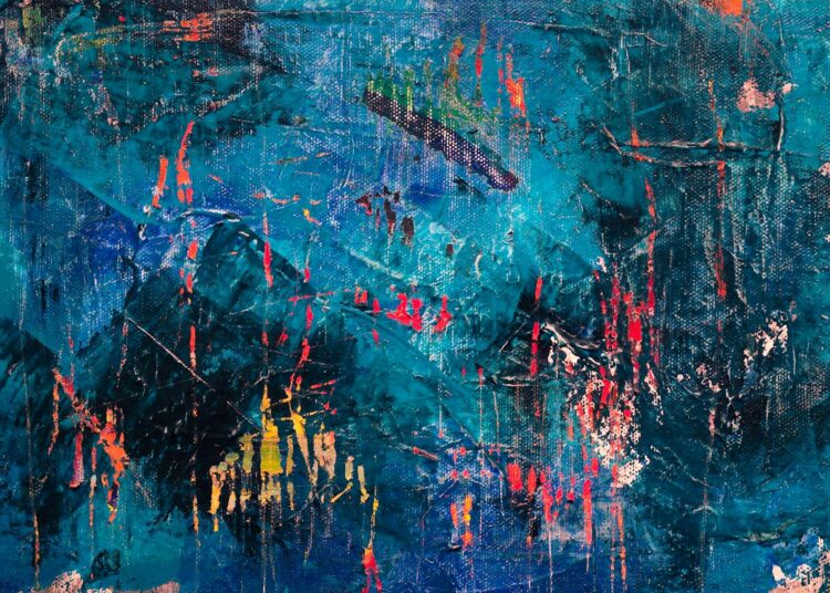 Dynamic blue abstract painting with expressive brushstrokes in acrylic on canvas.