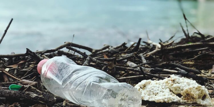 Discarded plastic bottle on a Malaysian beach, highlighting environmental pollution.