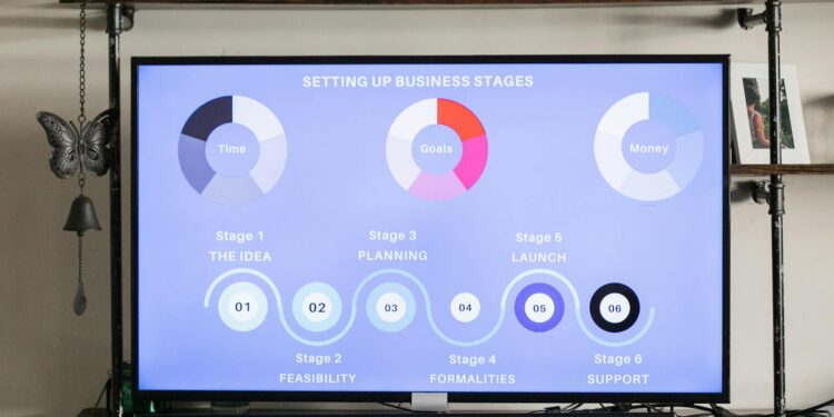Detailed business stages displayed onscreen, useful for planning and strategy sessions.