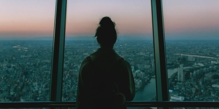 Person looking out a window at dusk