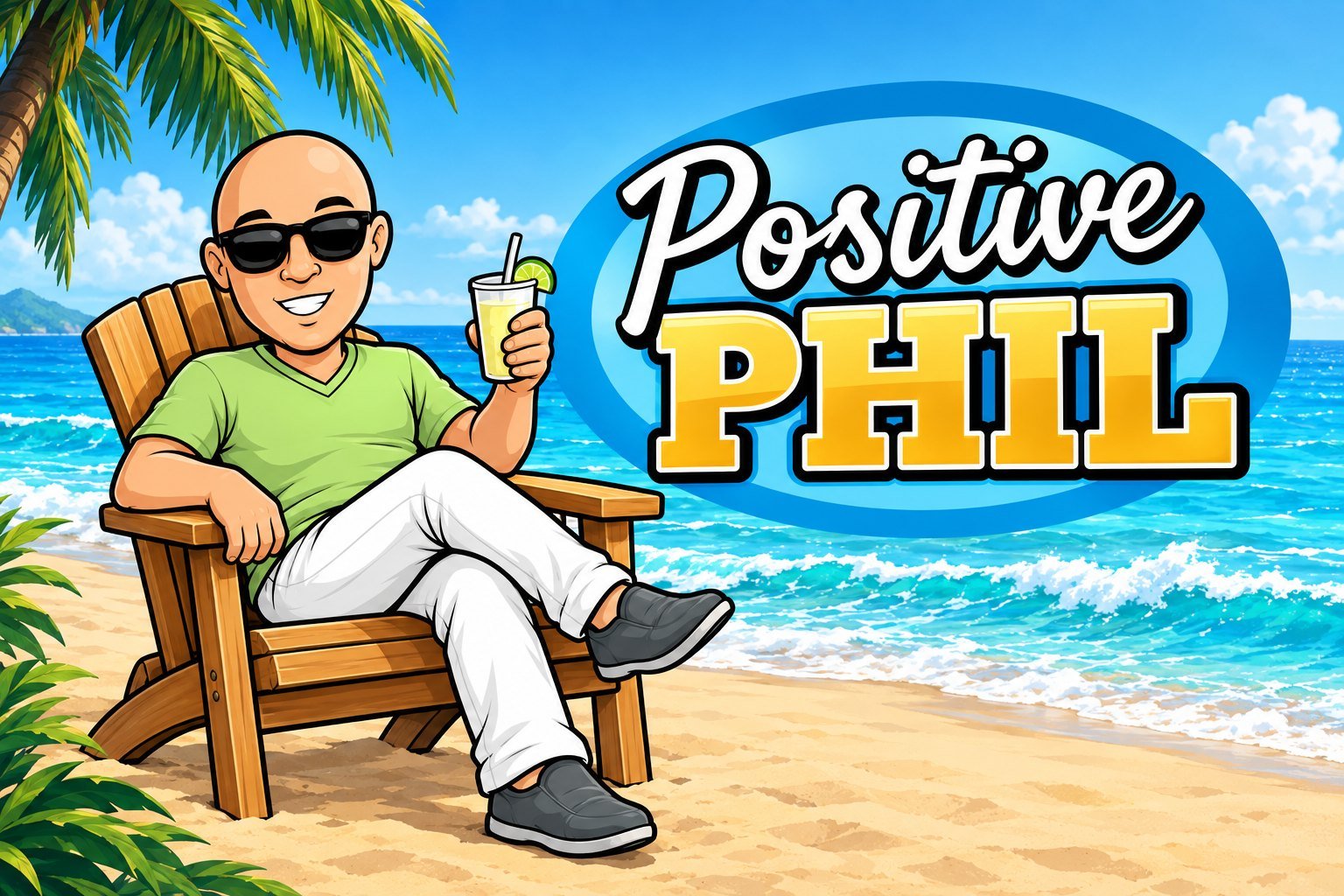 Positive Phil relaxing in a beach chair with a cold drink
