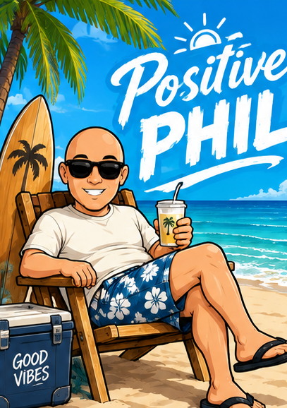Positive Phil relaxing in a beach chair with a cold drink and a Good Vibes cooler