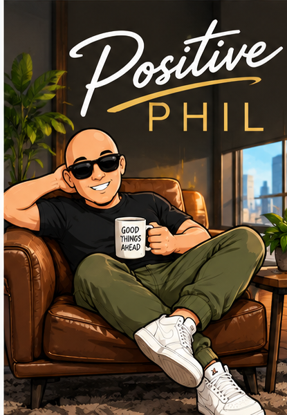 Positive Phil sitting in a leather chair holding a Good Things Ahead coffee mug