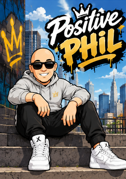 Positive Phil sitting on city steps in a gray hoodie and white sneakers with a graffiti crown behind him