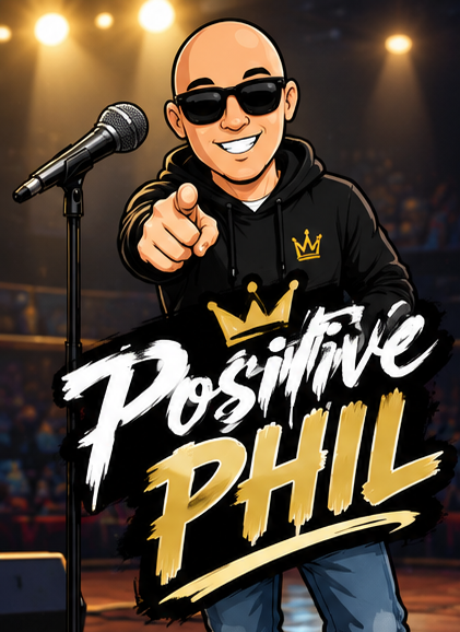 Positive Phil pointing at the camera on stage next to a microphone