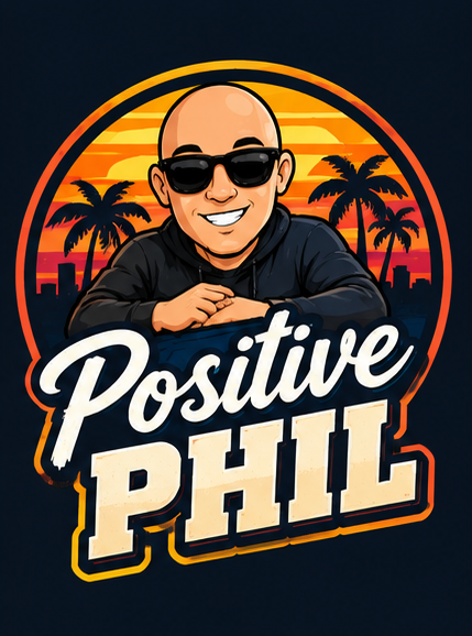 Positive Phil logo with a smiling bald man in sunglasses in front of a sunset and palm trees