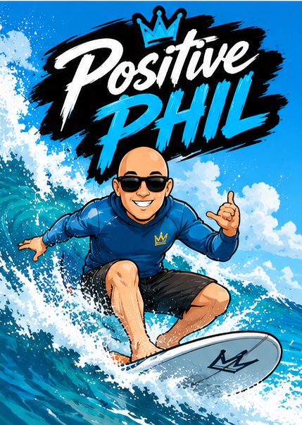 Positive Phil riding a wave on a surfboard giving a shaka sign