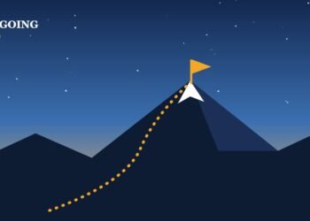 A mountain path with a flag at the top, a picture of persistence