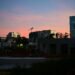 City skyline at dusk with colorful sky